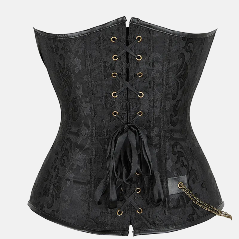 Tylna strona czarnego gorsetu steampunkowego overbust, prezentująca precyzyjne sznurowanie na satynowej taśmie. Widoczny szeroki panel kryjący na plecach oraz bogaty żakardowy wzór adamaszkowy.