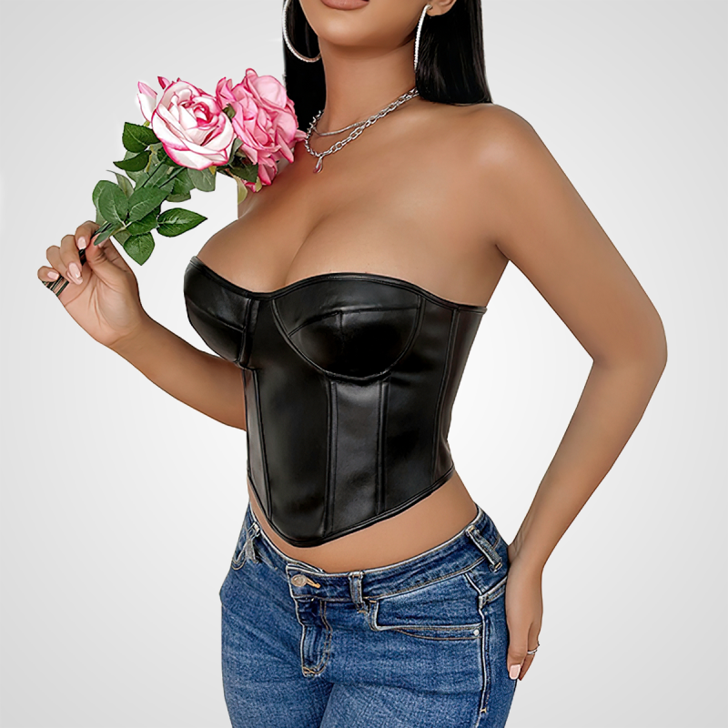 Modelka prezentująca czerwony gorset underbust żakardowy z przodu, podkreślający talię.