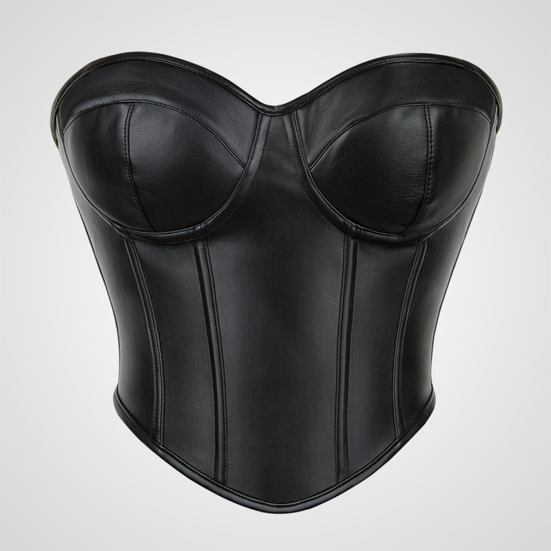 Czerwony żakardowy gorset underbust na modelce, z widocznym zapięciem busk, dla idealnej figury.