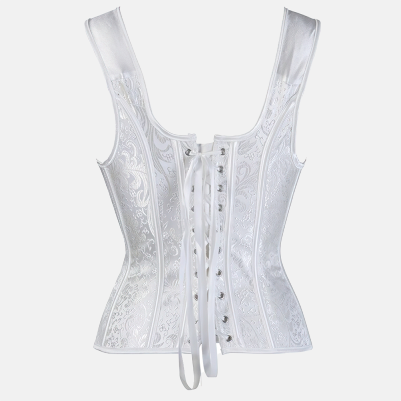 Gorset Aria w śnieżnobiałym kolorze, widok z tyłu prezentujący klasyczne sznurowanie i panel kryjący. Idealny do stylizacji vintage.