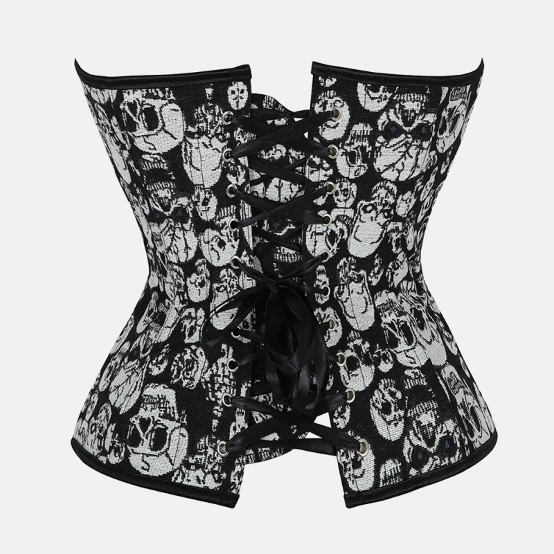 Detale tylnego wiązania czarno-białego gorsetu bustier w czaszki, z elastycznymi fiszbinami i gotyckim wzorem, zapewniający dopasowanie.