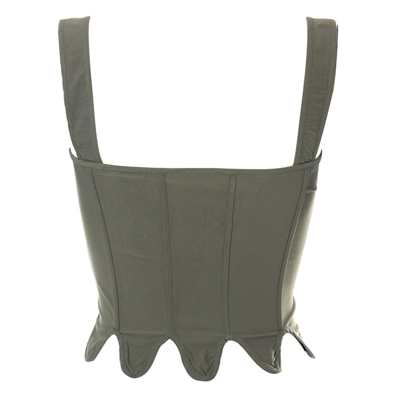 Stylowy gorset khaki z detalami sznurowania, ramiączkami i ząbkowanym dołem, dla pewności siebie.