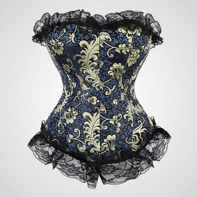 Luksusowy brokatowy bustier w odcieniach błękitu i złota, z elegancką czarną koronką i solidnym zapięciem busk.