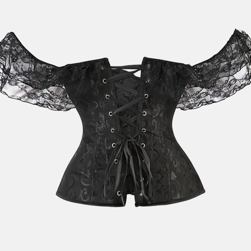 Gorset overbust w stylu vintage, czarny, z koronkowymi rękawkami, widok z tyłu, pełne sznurowanie.
