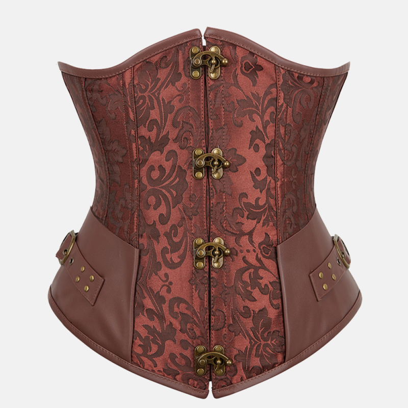 Frontowy widok brązowego gorsetu steampunk pod biust, leżącego płasko, z wyraźnym brokatowym wzorem i metalowymi zapięciami.