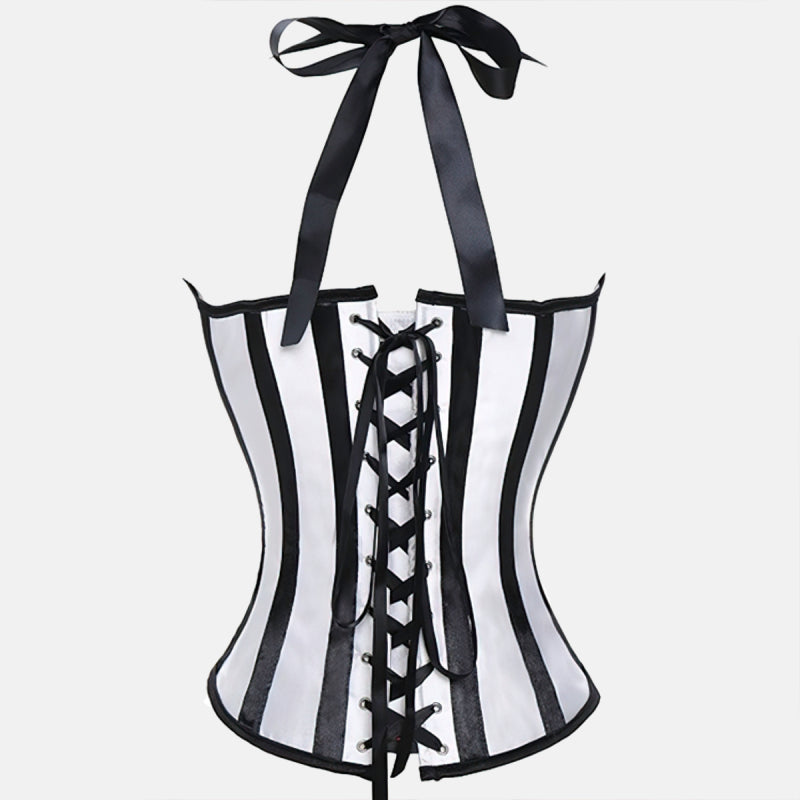 Gorset underbust w czarno-białe paski z ozdobnym wiązaniem z przodu i tasiemką na szyję. Idealny do stylizacji gotyckich i alternatywnych.