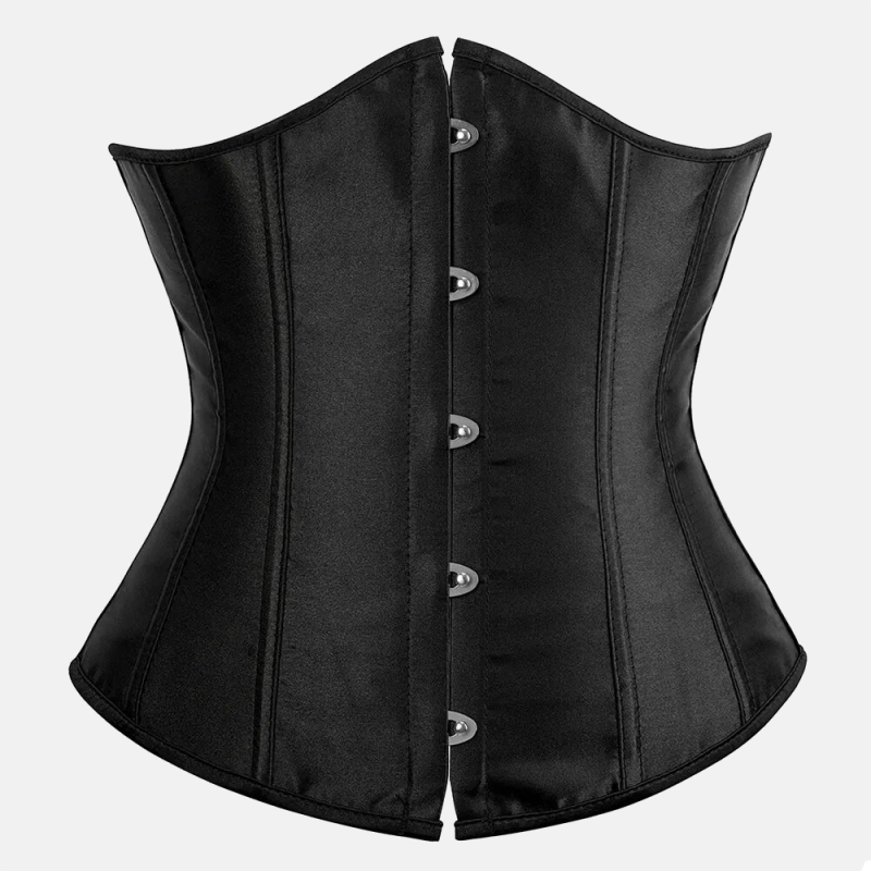 Czarny satynowy gorset underbust z zapięciem na haftki z przodu, widok z przodu. Elegancki i modelujący.