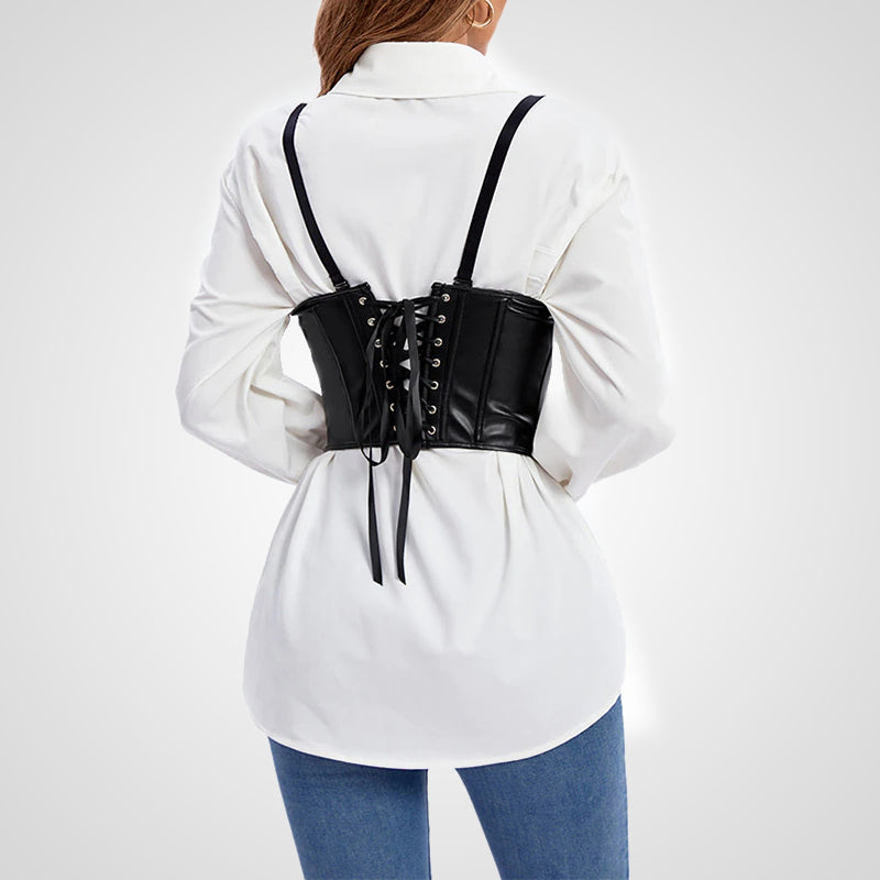 Gorset underbust z eko-skóry, widok z tyłu, prezentujący klasyczne sznurowanie i panel kryjący.