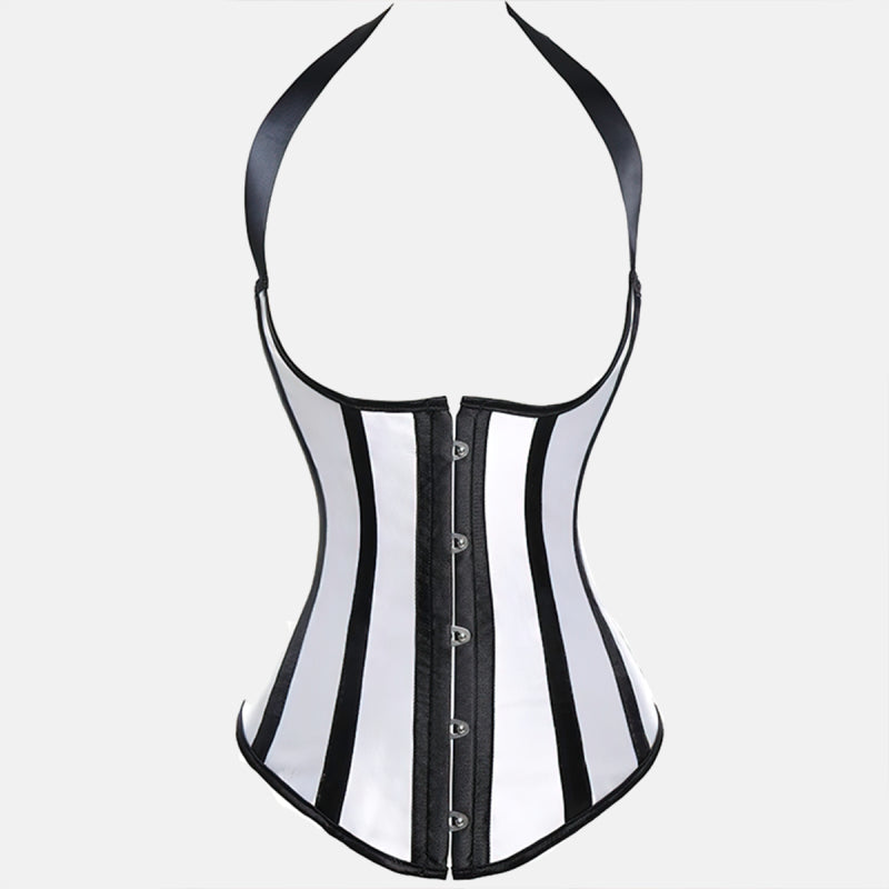 Tył gorsetu underbust w czarno-białe paski, z widocznym zapięciem na haftki i tasiemką do wiązania na szyi.