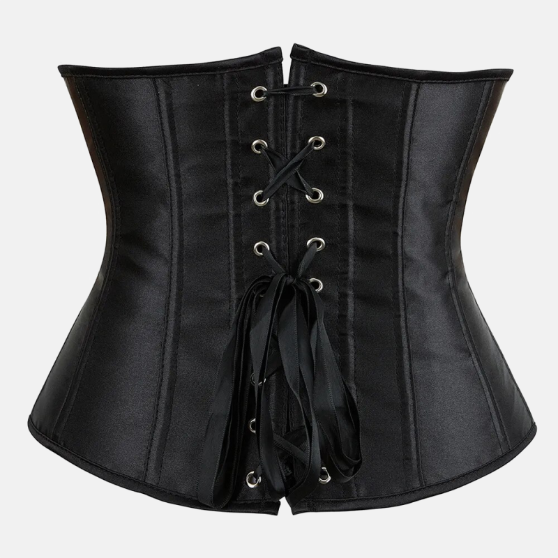 Szczegółowe ujęcie sznurowania z tyłu czarnego gorsetu underbust z satyny, zapewniającego perfekcyjne dopasowanie i modelowanie figury.