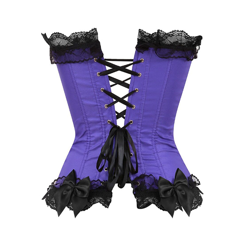 Modny fioletowy gorset bustier z połyskującej satyny, czarną koronką i unikalnym wzorem, zapewniający niezapomniane wrażenie.