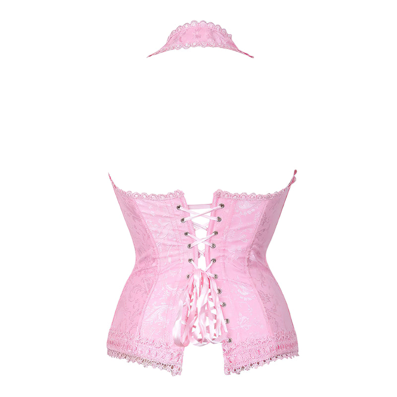 Modny gorset bustier w pudrowym różu, z ozdobnym brokatem i wiązaniem halter, zapewniający idealne dopasowanie.