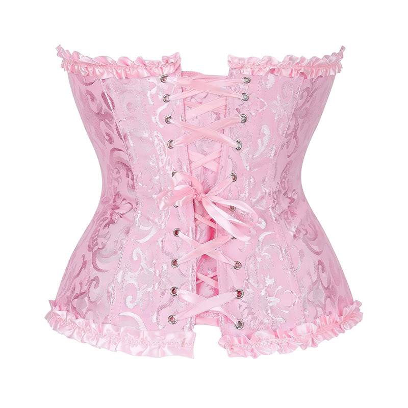 Widok z tyłu różowego gorsetu bustier, prezentujący wiązanie i detale falbanek.