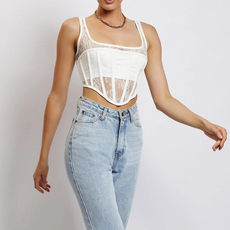 Zmysłowy czarny bustier z miseczkami push-up i transparentnymi rękawami, idealny na wieczorne wyjścia.