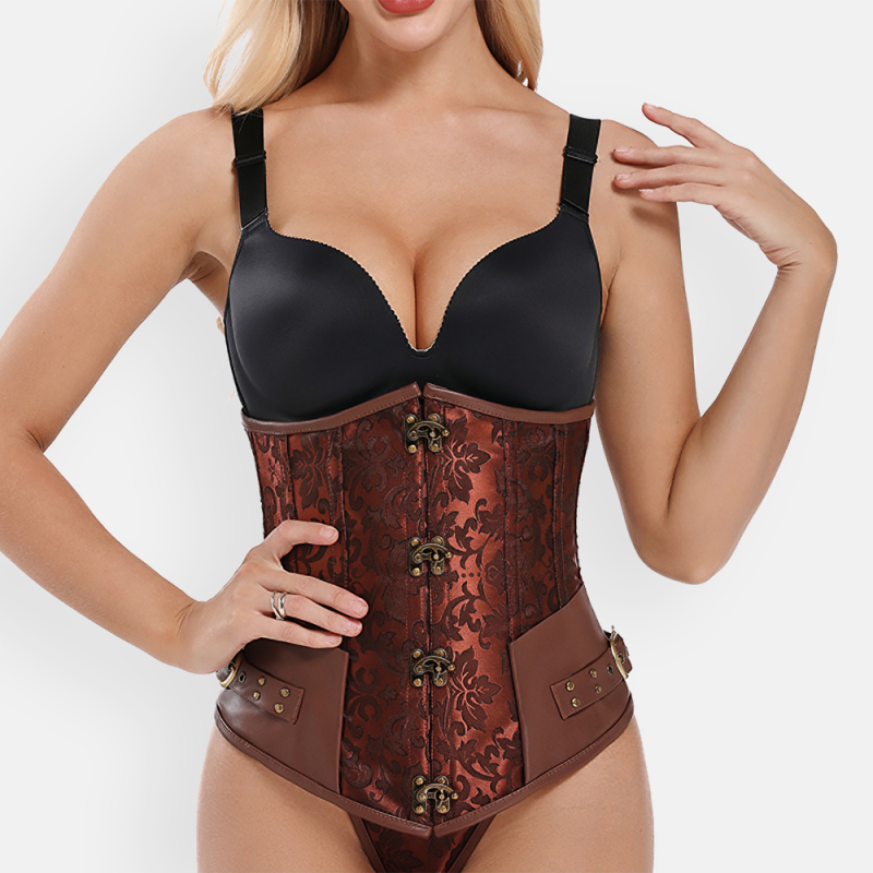 Modelka prezentująca brązowy gorset steampunk pod biust z brokatowym wzorem i ozdobnymi klamrami, idealny do stylizacji retro.