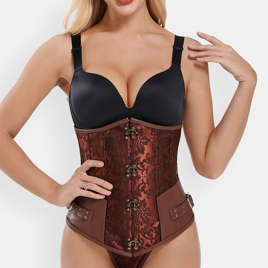 Modelka prezentująca brązowy gorset steampunk pod biust z brokatowym wzorem i ozdobnymi klamrami, idealny do stylizacji retro.