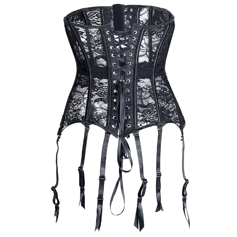 Czarny koronkowy gorset modelujący underbust ze sznurowaniem, widok produktu z tyłu.
