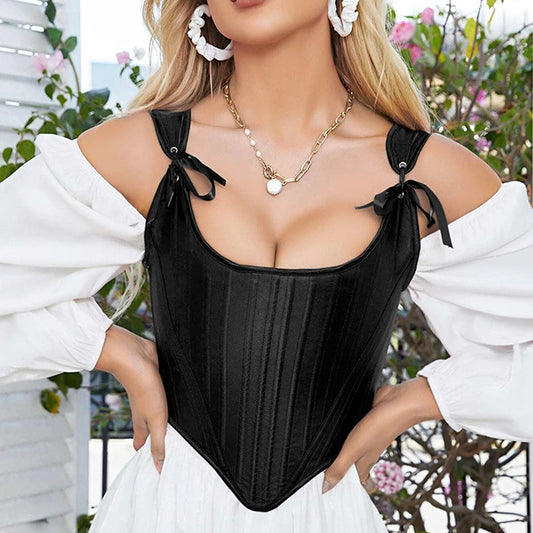 Czarny satynowy gorset w stylu bustier z ramiączkami i kokardkami, idealny do modelowania sylwetki i podkreślenia dekoltu.