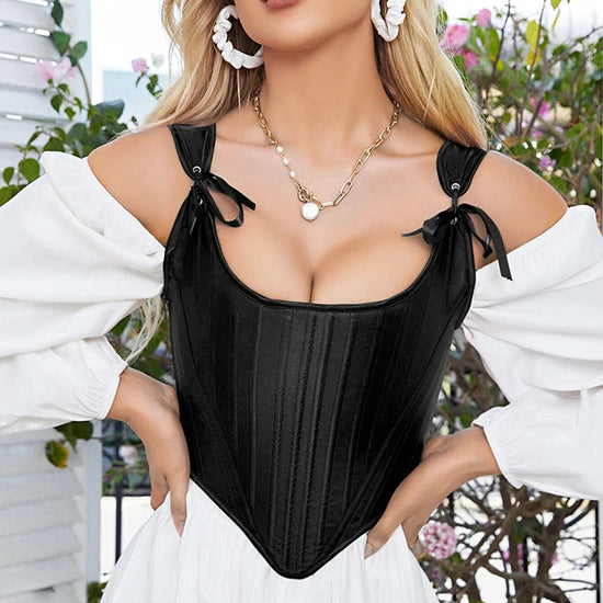 Czarny satynowy gorset w stylu bustier z ramiączkami i kokardkami, idealny do modelowania sylwetki i podkreślenia dekoltu.