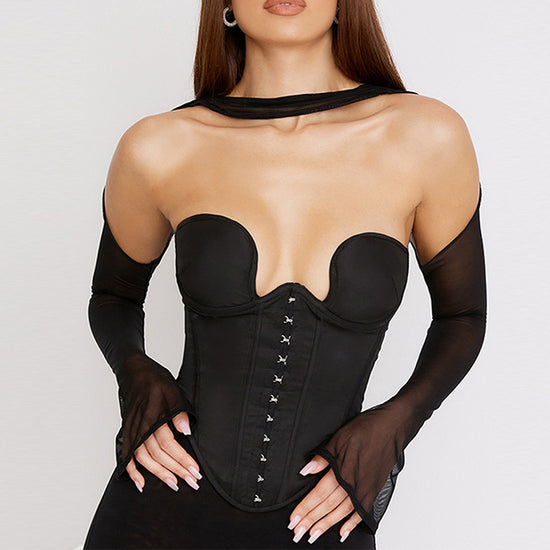 Elegancki czarny bustier z fiszbinami, miseczkami push-up i transparentnymi rękawami, idealny na wieczorne wyjścia.
