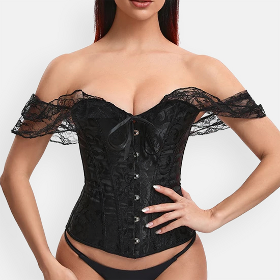 Elegancki czarny gorset overbust z koronkowymi rękawkami w stylu vintage, widok z przodu na modelce.