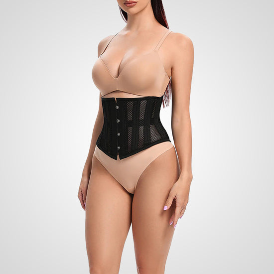 Elegancki czarny gorset underbust z siateczki, podkreślający talię, prezentowany z przodu.