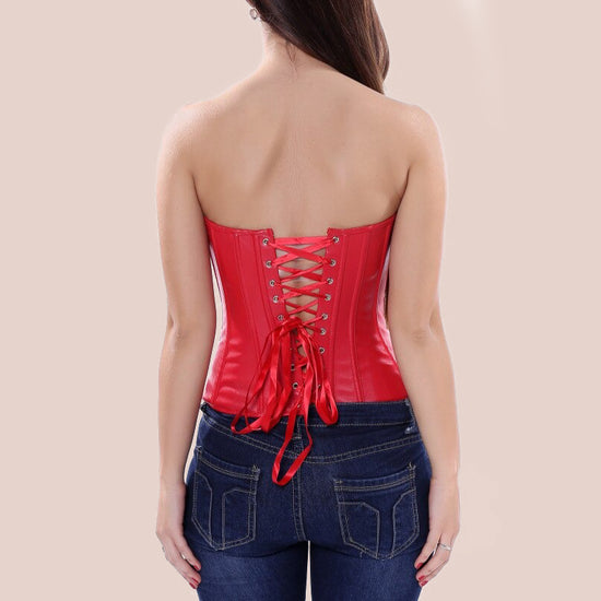 Elegancki czerwony bustier ze sztucznej skóry, podkreślający talię i dekolt, z widocznym zamkiem błyskawicznym.