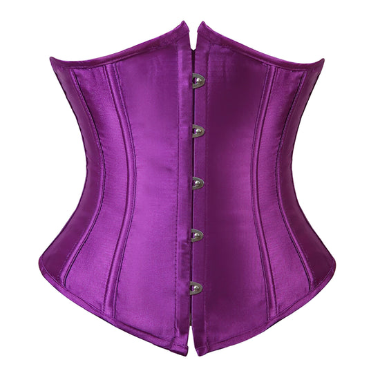 Elegancki fioletowy gorset underbust z satyny, ze sznurowaniem i buskiem, podkreślający figurę klepsydry.