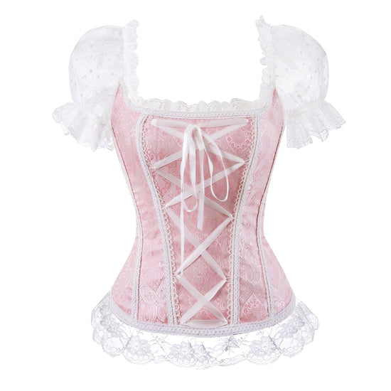Elegancki różowo-biały gorset typu bustier z żakardowym wzorem, ozdobnym sznurowaniem i eterycznymi rękawami z siateczki.