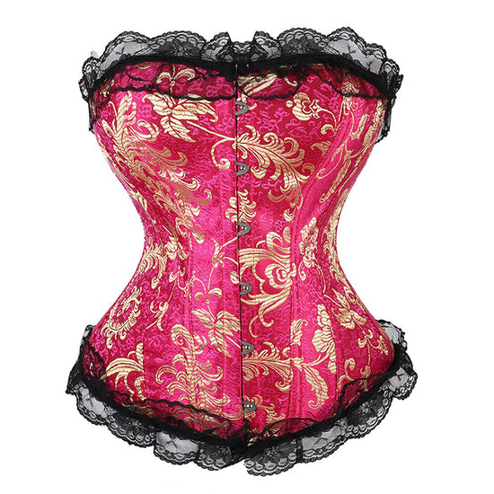Elegancki gorset Diva Rose w odcieniach różu i złota, z czarną koronką, modelujący sylwetkę klepsydry.