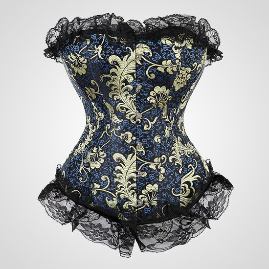 Luksusowy brokatowy bustier w odcieniach błękitu i złota, z elegancką czarną koronką i solidnym zapięciem busk.