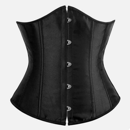 Czarny satynowy gorset underbust z zapięciem na haftki z przodu, widok z przodu. Elegancki i modelujący.