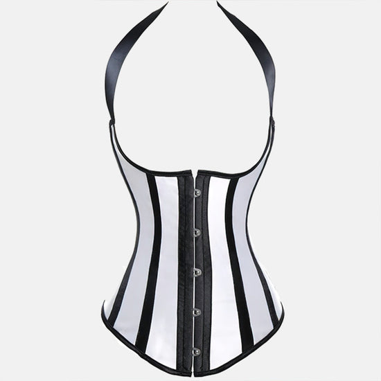 Tył gorsetu underbust w czarno-białe paski, z widocznym zapięciem na haftki i tasiemką do wiązania na szyi.