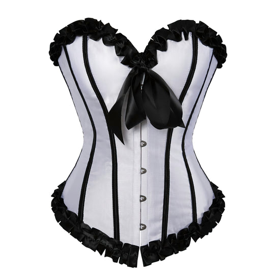 Modelka w różowym gorsecie bustier z falbankami i kokardą, prezentująca elegancki fason.