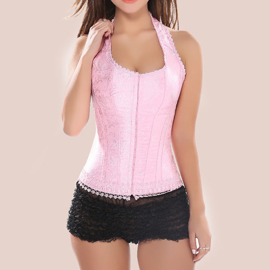 Pudrowo różowy gorset bustier z brokatowym wzorem i wiązaniem na szyi, idealny do podkreślenia talii.