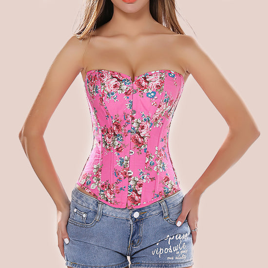 Różowy gorset bustier w kwiaty z metalowym zapięciem busk i tylnym sznurowaniem, idealny do modelowania talii i podkreślania kobiecych kształtów.